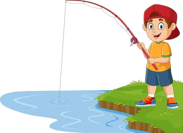 Εικονογράφηση Διάνυσμα Του Cartoon Μικρό Αγόρι Αλιείας Στη Λίμνη — Διανυσματικό Αρχείο