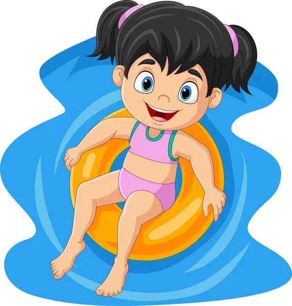 Vector Illustration Cute Little Girl Swimsuit Floating Inflatable Ring — Vettoriale Stock