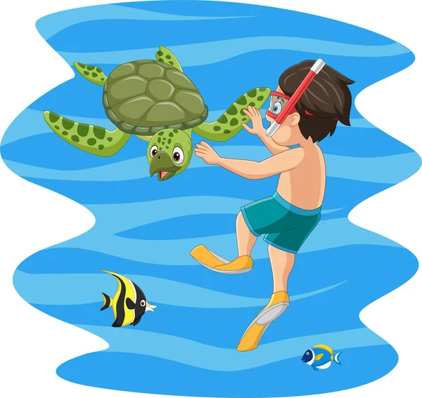 Vector Illustration Cartoon Little Boy Underwater Sea Animal — Stock Vector