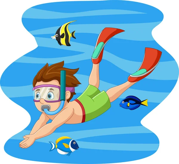 Vector Illustration Cartoon Little Boy Swimming Diving Underwater Tropical Fish — Stockvektor