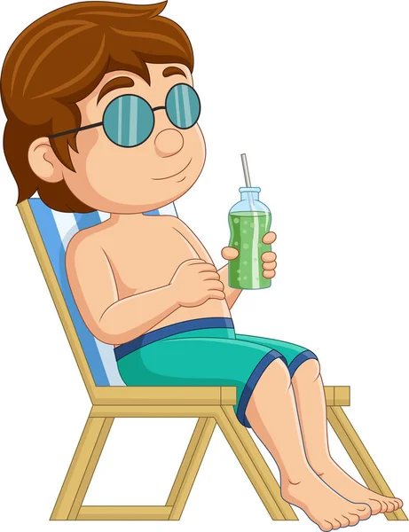 Vector Illustration Cartoon Little Boy Relaxing Drinking Cocktail Beach Chair — 스톡 벡터