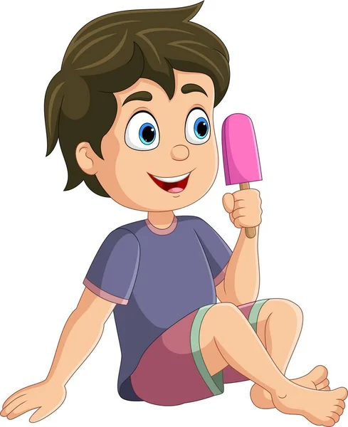 Vector Illustration Cartoon Little Boy Holding Ice Cream — Vettoriale Stock