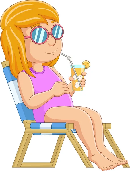 Vector Illustration Cartoon Little Girl Relaxing Cocktails Beach Chair — Stock Vector