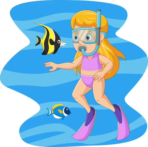 Vector Illustration Cartoon Little Girl Underwater Tropical Fish — Wektor stockowy
