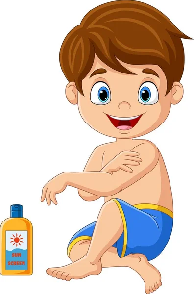 Vector Illustration Cartoon Little Boy Applying Sunscreen Lotion His Arm — 스톡 벡터