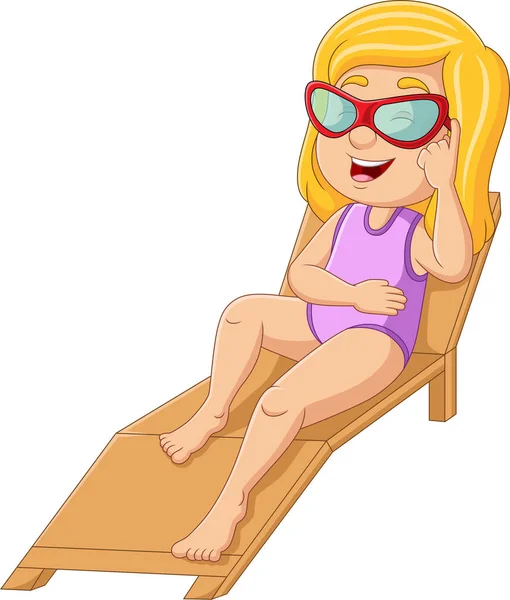 Vector Illustration Cartoon Little Girl Relaxing Beach Chair — Archivo Imágenes Vectoriales