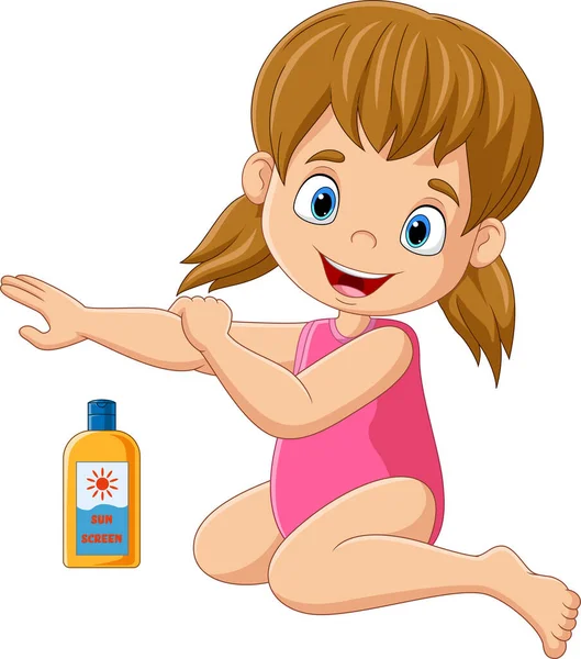 Vector Illustration Cartoon Little Girl Swimsuit Applying Sunscreen Lotion Her — Vector de stock