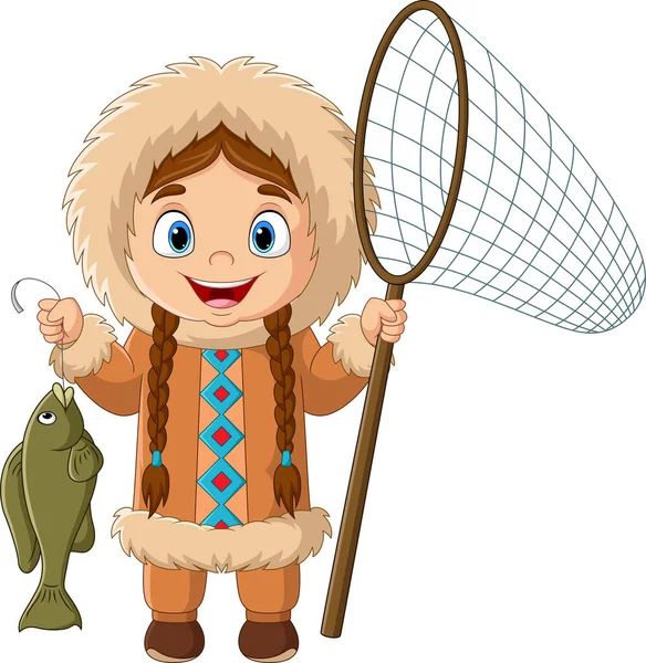 Vector Illustration Cartoon Eskimo Girl Catching Fish Net — ストックベクタ