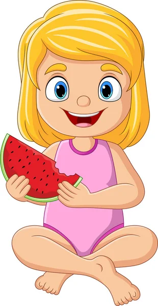 Vector Illustration Cartoon Little Girl Holding Watermelon Slice — Archivo Imágenes Vectoriales