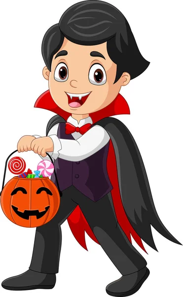 Vector Illustration Cartoon Vampire Boy Holding Candy Pumpkin Basket — Vector de stock
