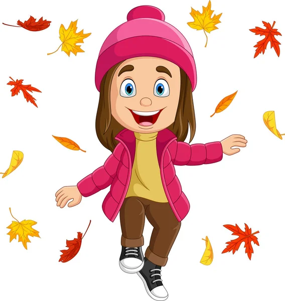 Εικονογράφηση Διάνυσμα Καρτούν Κοριτσάκι Φθινόπωρο Φύλλα — Διανυσματικό Αρχείο
