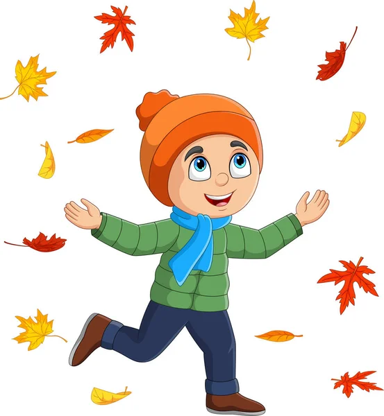 Vektor Illustration Von Cartoon Kleiner Junge Wirft Herbstblätter — Stockvektor