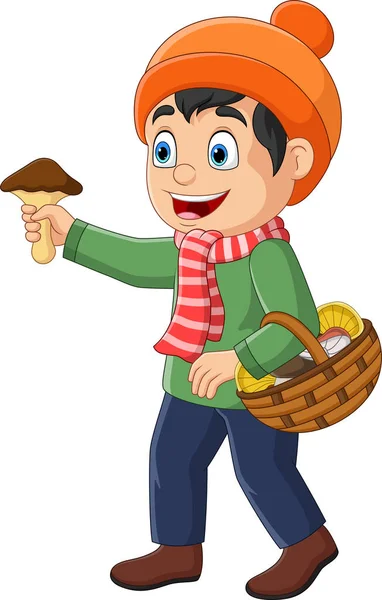 Vector Illustration Cartoon Little Boy Basket Mushrooms — Stock Vector