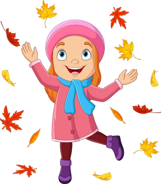 Vector Illustration Cartoon Little Girl Throwing Autumn Leaves — Stock Vector