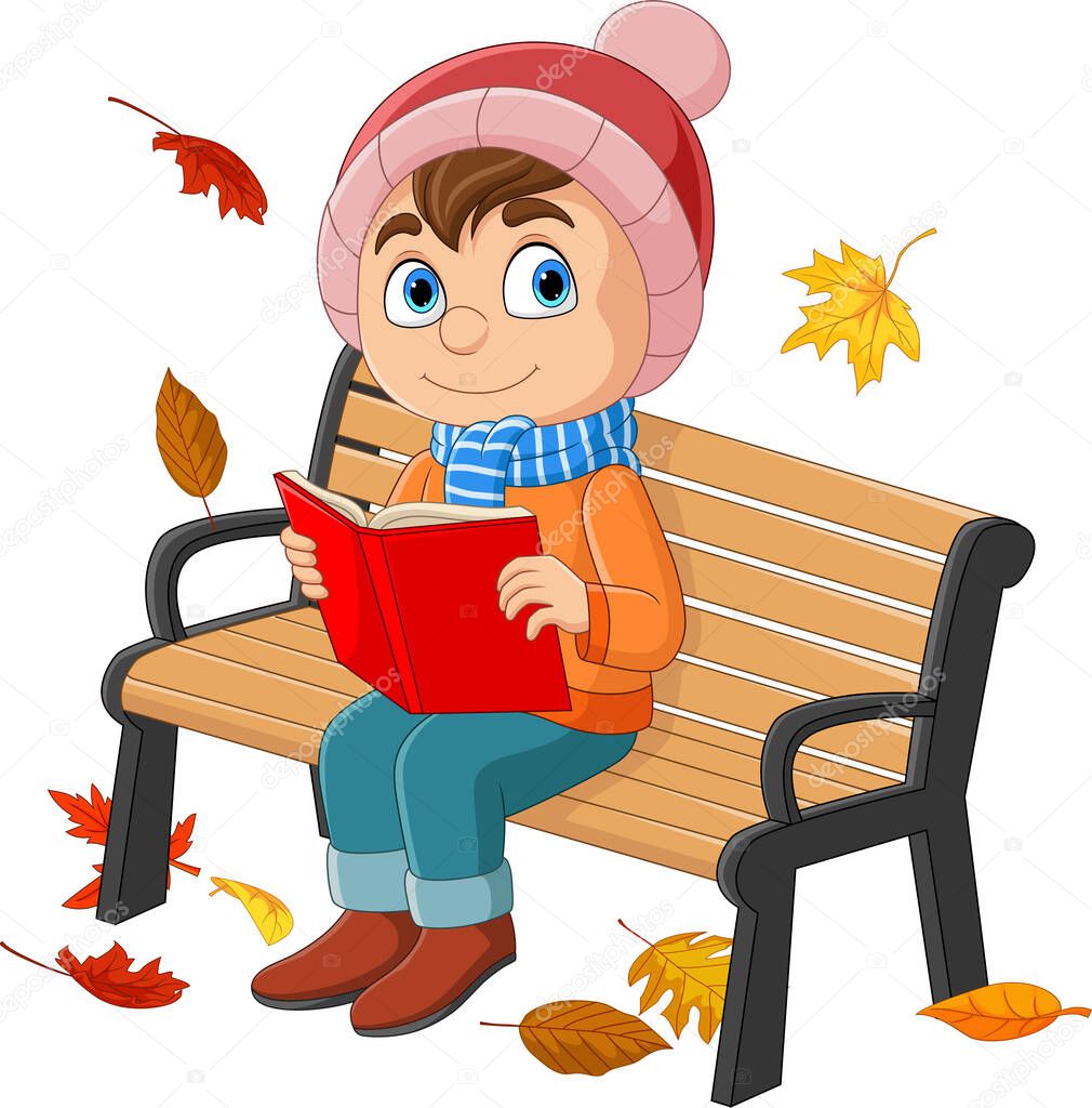 Vector illustration of Cartoon little boy sitting at bench with reading a book