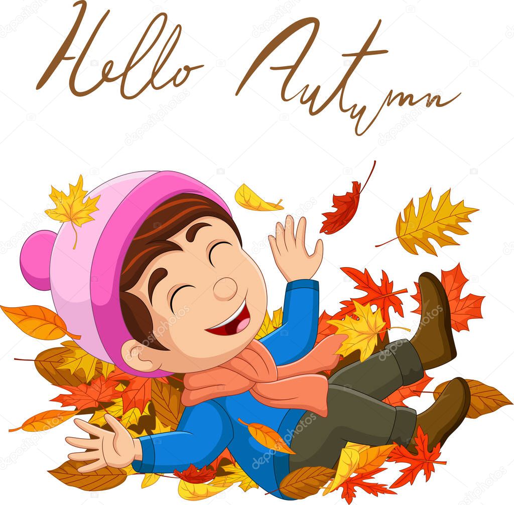 Vector illustration of Cartoon happy little boy with autumn leaves