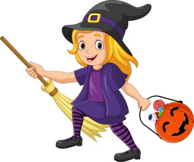 Vector illustration of Cartoon little witch girl carrying a basket of candies in a pumpkin basket. Little girl wearing witch halloween costume holding broom