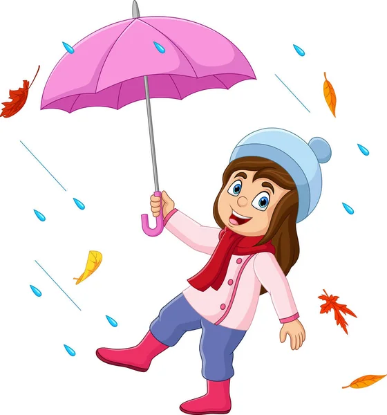 Vector Illustration Cartoon Little Girl Holding Umbrella Rain Falling Autumn — Stock Vector