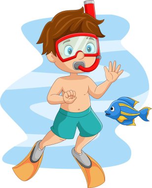 Vector illustration of Cartoon little boy in underwater with fish