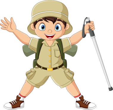 Vector illustration of Cartoon hiker boy with walking stick