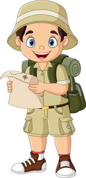 Vector Illustration Cartoon Hiker Boy Holding Map — ストックベクタ