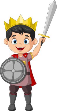 Vector illustration of Cartoon little prince holding a sword and shield