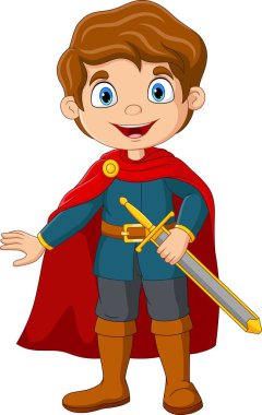 Vector illustration of Cartoon happy prince holding a sword
