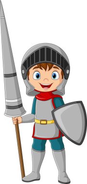 Vector illustration of Cartoon knight holding a lance and shield