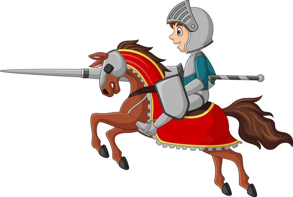 Vector Illustration Cartoon Knight Horseback Lance Shield — Stockvector