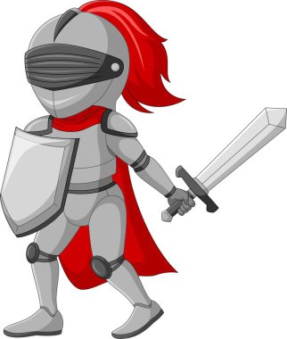 Vector illustration of Cartoon knight holding a sword and shield