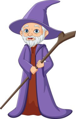 Vector illustration of Cartoon old witch holding staff