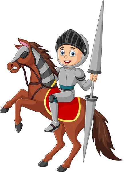 Vector Illustration Cartoon Knight Riding Horse Lance — 스톡 벡터