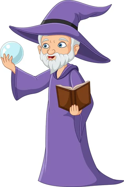 Vector Illustration Cartoon Old Wizard Holding Crystal Stone Magic Book — Stock Vector