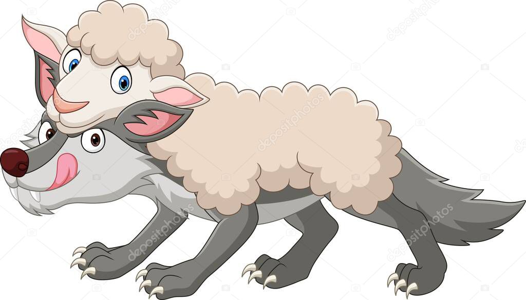 Vector illustration of funny wolf in sheep clothing