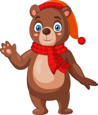 Vector illustration of Cute bear cartoon wearing scarf and red hat