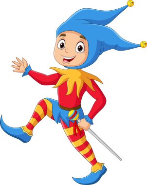 Vector illustration of Cartoon happy jester waving hand