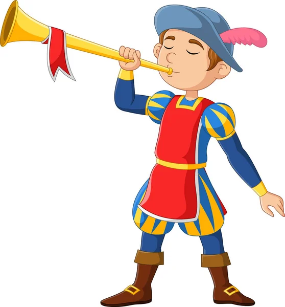 Vector Illustration Medieval Man Herald Blowing Trumpet — 스톡 벡터