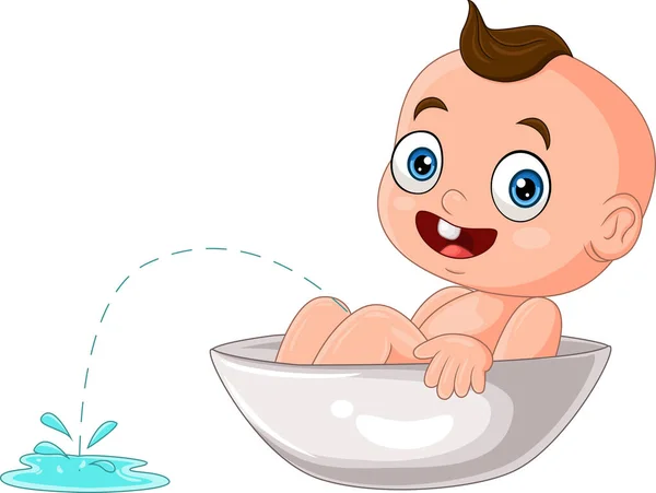 Vector Illustration Cute Baby Boy Cartoon Peeing Bathtub — Stock Vector