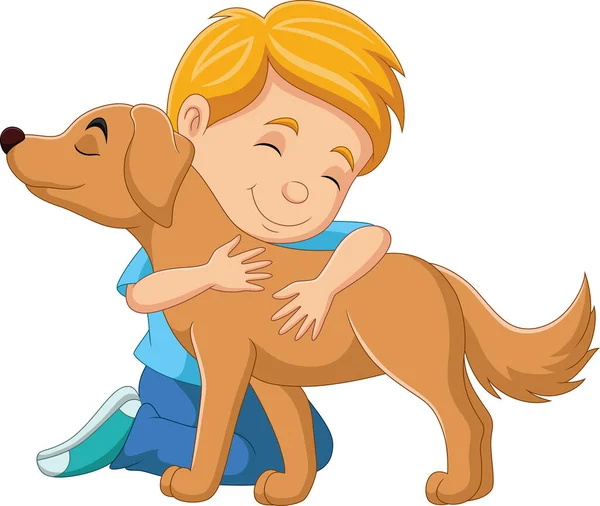 Vector Illustration Cartoon Boy Hugging His Dog — Stock Vector