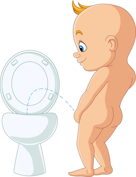 Vector Illustration Cute Baby Boy Cartoon Peeing Toilet — Stock Vector