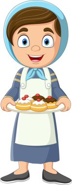 Hanuka sufganiyot taşıyan Yahudi kadının vektör çizimi