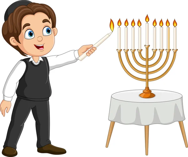 Mutlu Yahudi Çocuğun Temsili Hanuka Mumlarını Yakıyor — Stok Vektör