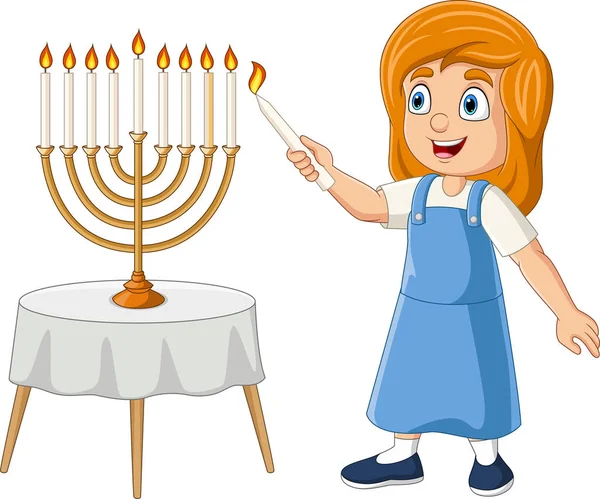 Vector Illustration Happy Jewish Girl Lights Hanukkah Candles — Stock Vector