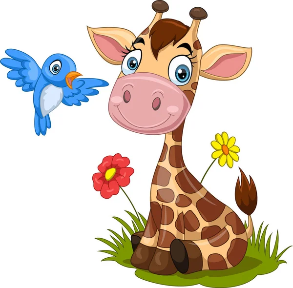 Vektor Illustration Der Kleinen Giraffe Mit Blauem Vogel Gras — Stockvektor