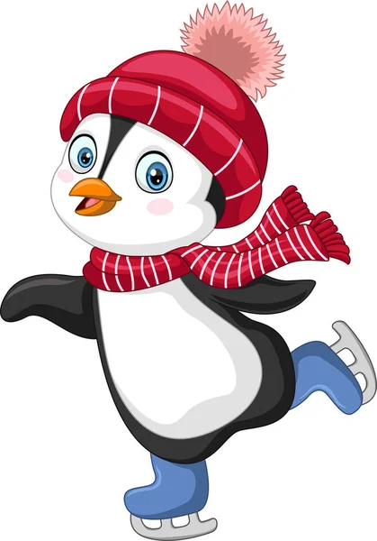 Vector Illustration Cartoon Penguin Ice Skating White Background — Stock Vector