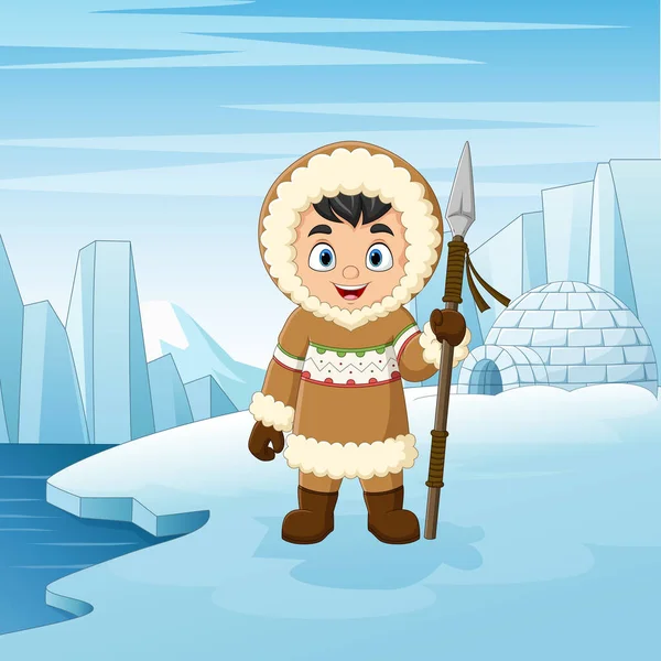Vector Illustratie Van Cartoon Weinig Eskimo Kind Van Noordpool Achtergrond — Stockvector