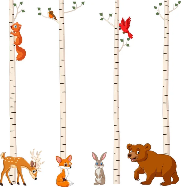 Illustration Vectorielle Des Animaux Forêt Dessins Animés Avec Bouleau — Image vectorielle