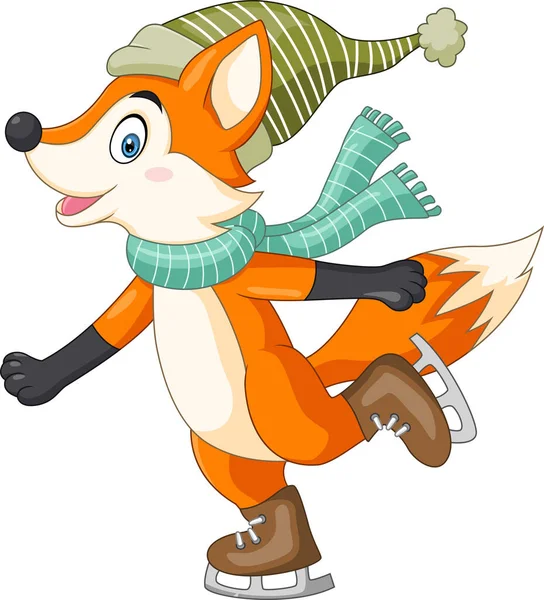 Vector Illustration Cute Fox Cartoon Wearing Scarf Hat Ice Skating — Stock Vector