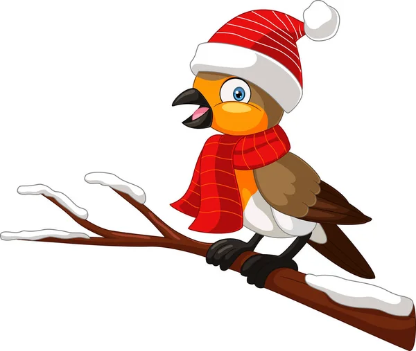 Vector Illustration Cartoon Robin Bird Wearing Santa Hat Scarf — Stock Vector