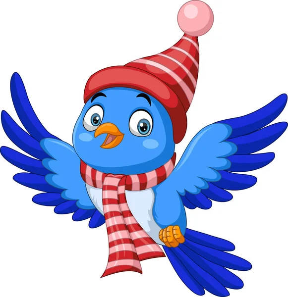 Vector Illustration Cartoon Blue Bird Wearing Christmas Santa Hat Scarf — Stock Vector